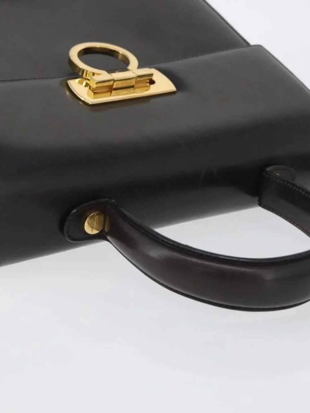 Salvatore Ferragamo Gancini Hand Bag Leather 2way Brown Gold Auth ARZ526